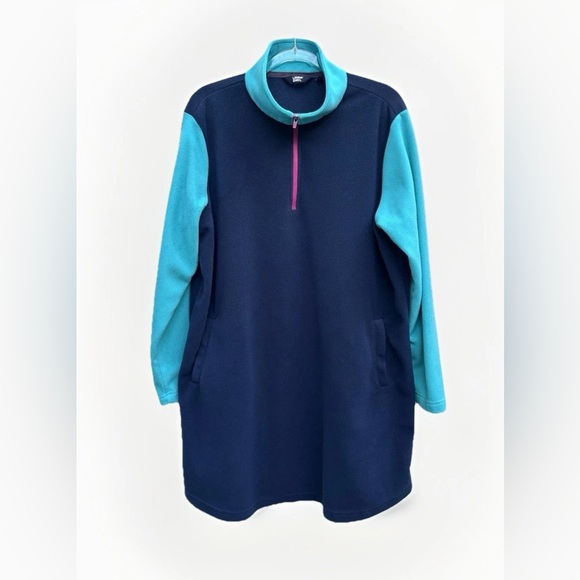 Lands' End Dresses & Skirts - Lands End Fleece Dress Womens XL/P Color Block Blue 1/4 Zip Lounge Cozy Pockets
